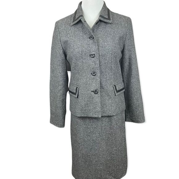 Vintage Pendleton Wool Silk Tweed Style Skirt Suit Leather Trim Black Small - Picture 1 of 10